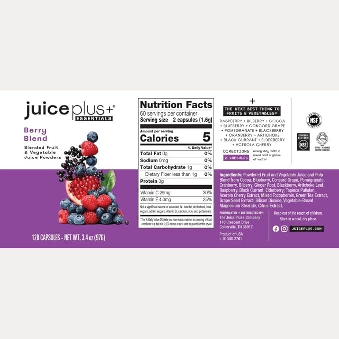 JuicePlus+ Fruit Vegetable &amp Berry Blend: Nutrient-Packed Ingredients For Heart Health Immune Function Cognitive Performance &amp Radiant Skin - Prepacked 3 bottles (60 servings of Fruit Veg