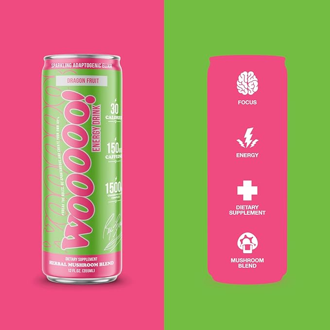 Wooooo! Energy Ric Flair Sparkling Adaptogenic Mushroom Energy Drink | Natural Antioxidants &amp Nootropics | Lion’s Mane &amp Cordyceps | 150mg Caffeine | 12 Pack (Dragon Fruit)