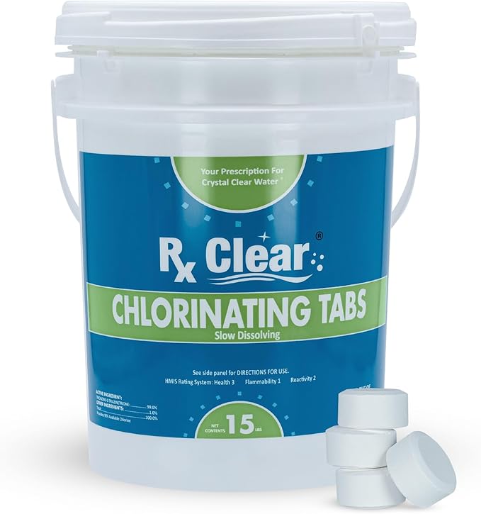 Rx Clear 1 Inch Chlorine Tabs | 15 Pounds | Use Tablets as Bactericide Algaecide &amp Disinfectant in Swimming Pools | Stabilized Long Lasting Slow Dissolving &amp UV Protected