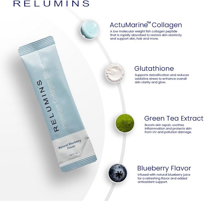 Relumins Premium Collagen &amp Gluta-1000 Bundle – 10 Blueberry Marine Collagen Sachets + 30 Vegetarian Capsules for Skin Hydration Wellness and Daily Nutrient Support