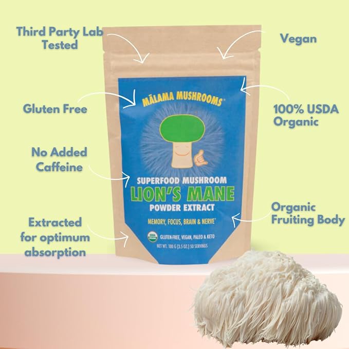 Lion's Mane Extract Powder by Malama Organic Fruiting Body Lions Mane Mushroom Powder Superfood Adaptogenic Supports Memory Focus Brain &amp Nerves