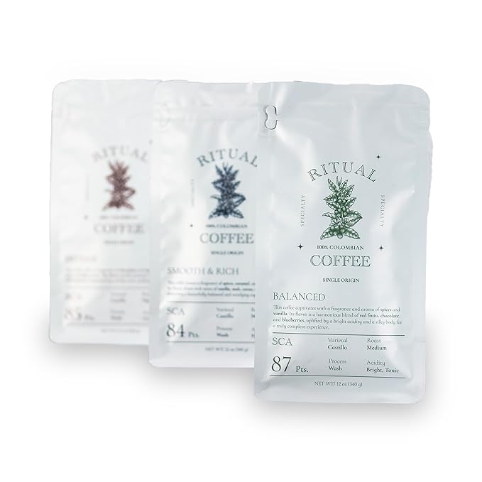 Ritual Specialty Coffee Ground Variety Pack Barista | 3 Bags (36oz Total) | 100% Colombian Single Origin | Medium Roast &amp Upp Roast | Balanced Intense &amp Smooth Profiles | SCA Certified Coffee