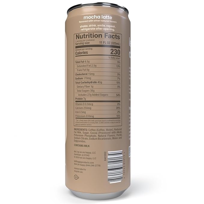 happy coffee canned mocha latte 11 oz. cans 12 pack notes of cocoa &amp elation 100% arabica beans no artificial flavors or sweeteners