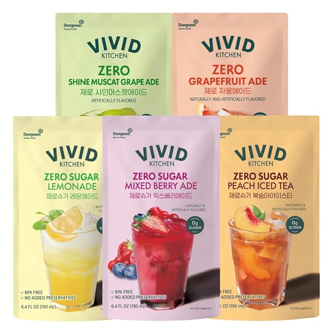 VIVID KITCHEN Korean Grape Ade – Grapefruit Flavor – Zero Sugar Zero Calories – 6.4 fl oz (10 Pouches) – No Corn Syrup or Preservatives – Refreshing Korean Drink for Healthy On-the-Go Hydration