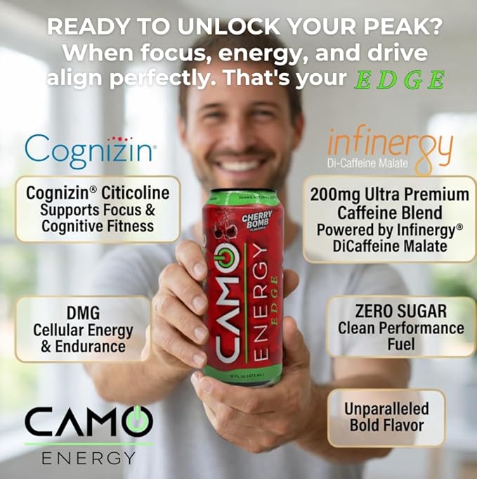 CAMO Energy Edge Cherry Bomb Energy Drink 16oz Cans 12 Pack Ultra Premium Caffeine Blend with Infinergy® DiCaffeine Malate Cognizin® Citicoline for Cognitive Fitness Zero Sugar