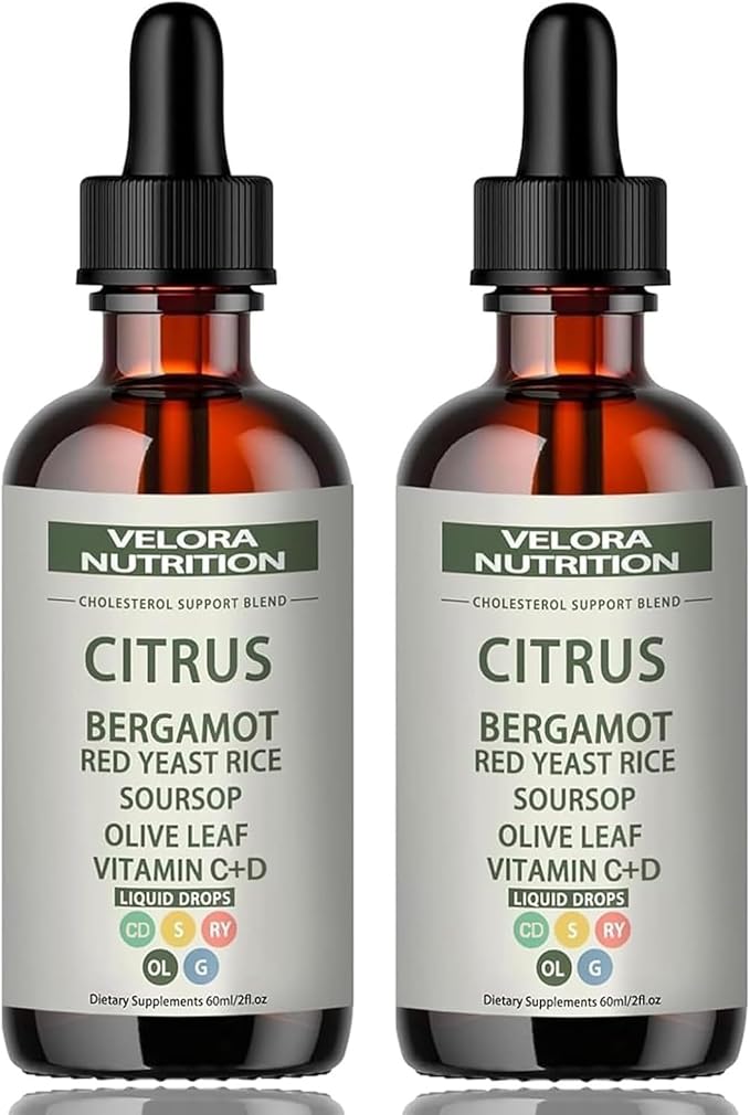 velora Red Yeast Rice Cholesterol Cleans Drops with Citrus Bergamot Red Yeast Rice Soursop Olive Leaf Vitamin C+D Natural Non-GMO Vegan 2 fl oz (2pcs)