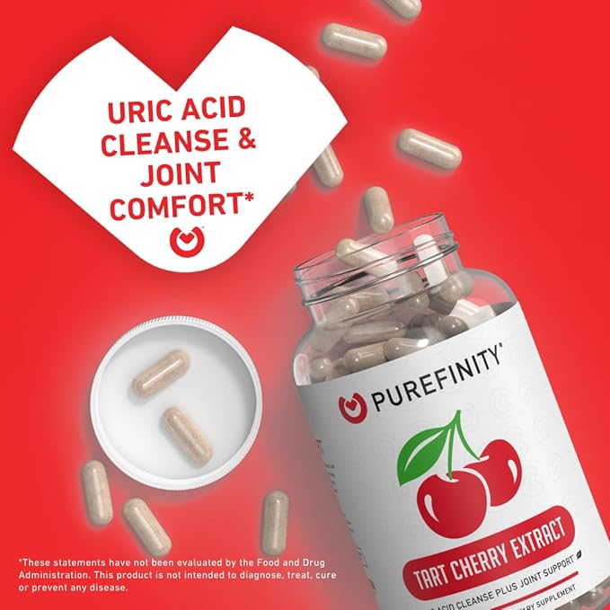 PUREFINITY Tart Cherry Capsules – Uric Acid Flush &amp Cleanse to Support Joint &amp Muscle Comfort with 3000 mg Raw Extract Non-GMO Gluten Free Vegan – 180 Count (6 Month Supply)