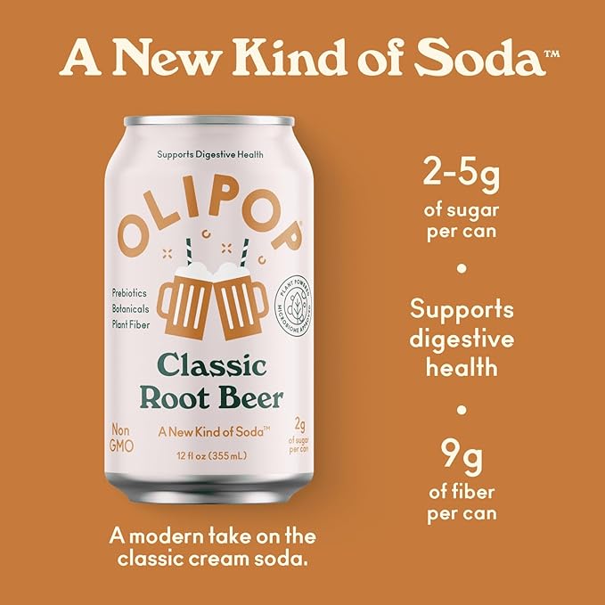 OLIPOP Prebiotic Soda Pop Classic Root Beer A New Kind of Soda Packed with Prebiotics Fiber and Botanicals Gluten Free GMO Free 12oz (12-Cans)