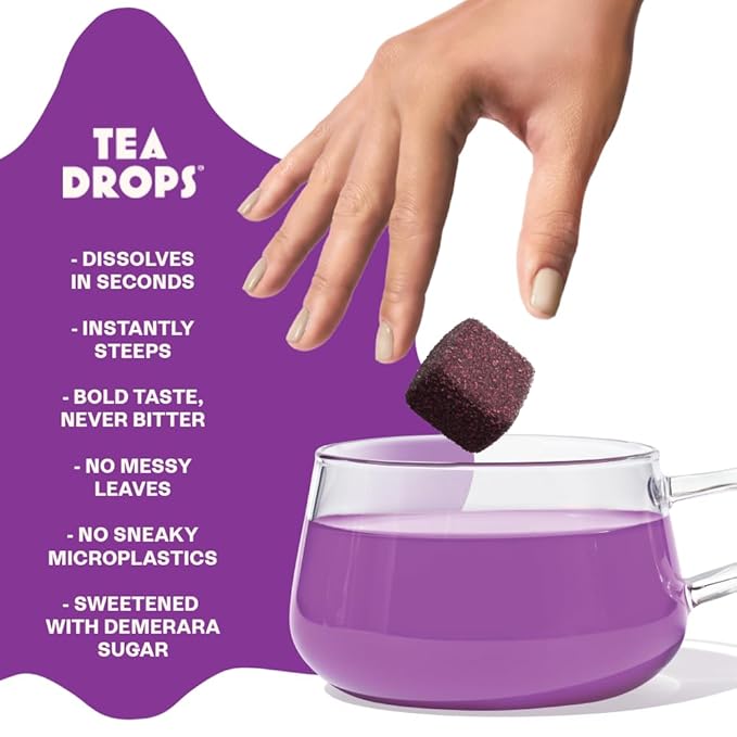 Tea Drops 30 Bulk Pack Organic Ube Bagless Tea - Loose Leaf Lightly Sweetened On-The-Go. Plastic-Free - Iced or Hot