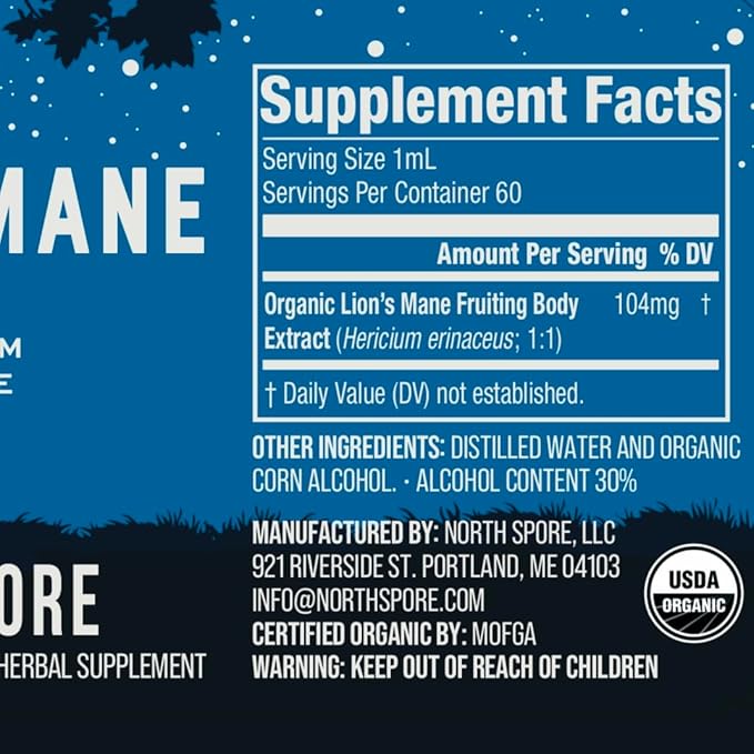 North Spore Organic Lion's Mane Mushroom Tincture (2 oz) | 100% Fruiting Body Extracts | for Focus Memory Brain Support | Certified Organic Vegan Non-GMO | Adaptogenic Nootropic | Made in USA