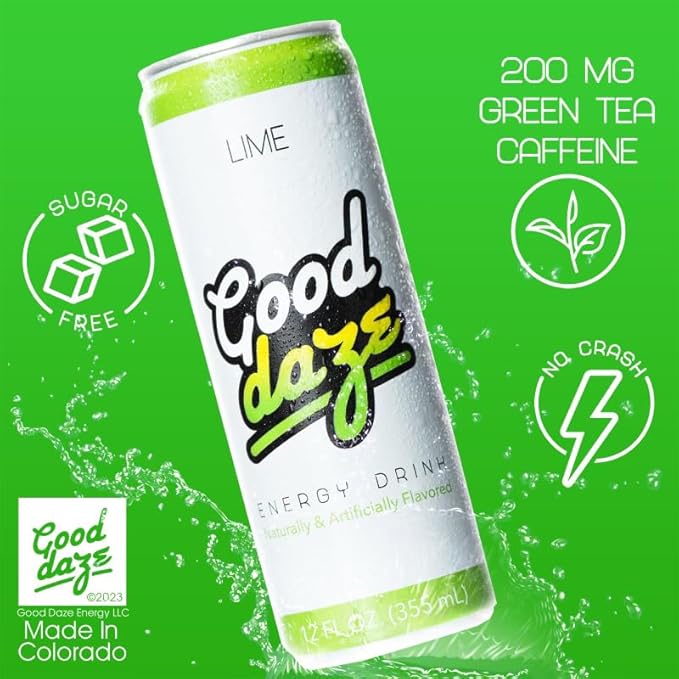 Good Daze Energy Drink with 200mg of Caffeine from Tea Sugar Free B Vitamins L-Theanine Pre Workout Performance with Antioxidants Lime 12FL OZ Cans (Pack of 12)