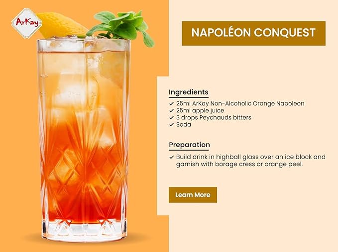 ArKay - Non-Alcoholic Orange Napoleon - 0 Calories 0 Sugar - Alcohol-Free Orange Napoleon Alternative - 33.3 Fl Oz (1L) - Perfect for Cocktails