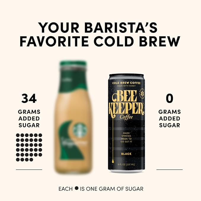 Beekeeper Black Cold Brew Coffee Drinks with Oregon Honey | 12 Pack Refreshing Iced Coffee - Unsweetened &amp Strong Arabica Brew 8 fl oz Ready-to-Drink Can - 180mg Natural Caffeine