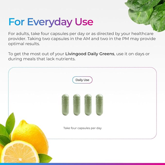 Livingood Daily Greens Capsules Super Greens Supplement with Spirulina Chlorella Broccoli Spinach Celery Lemon &amp More Plant Based for Digestion &amp Gut Health Non GMO Vegetarian 120 Ct