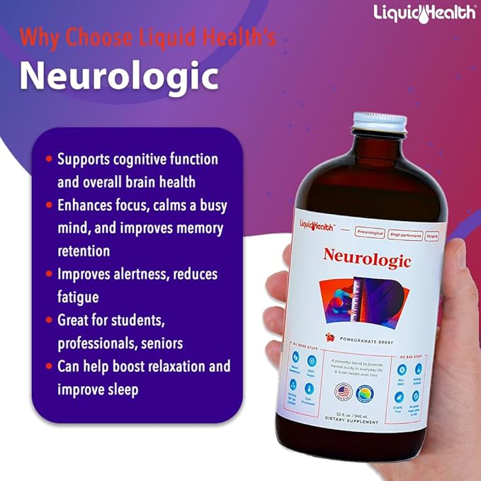 LIQUIDHEALTH Neurologic Focus Supplement - Brain Booster Nootropic Supplement for Cognitive Function Memory &amp Focus with Ginkgo Biloba Choline L-Theanine &amp Phosphatidylserine - USA Made (32
