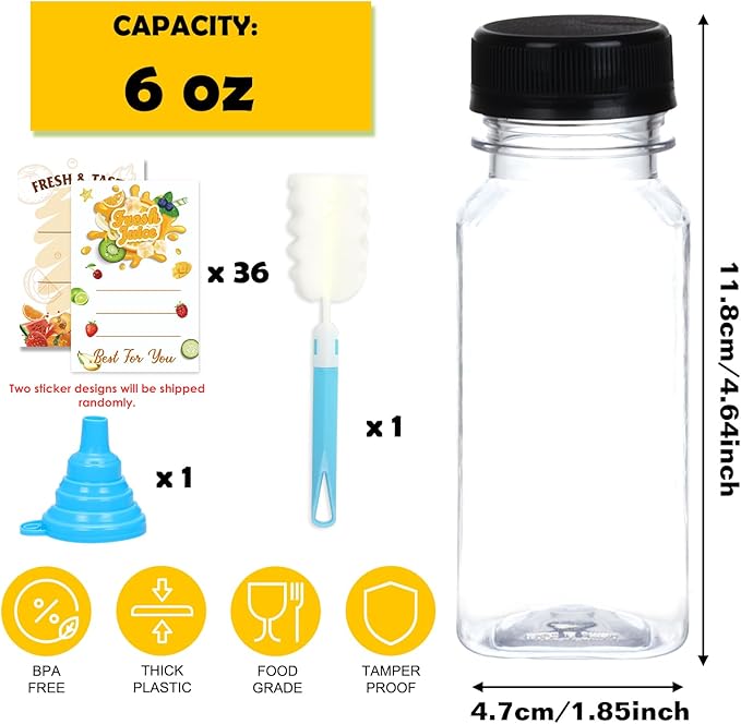 BAKHUK 36pcs 6oz Empty Plastic Juice Bottles with Caps Reusable Clear Bulk Beverage Containers for Juice Milk and Other Beverages