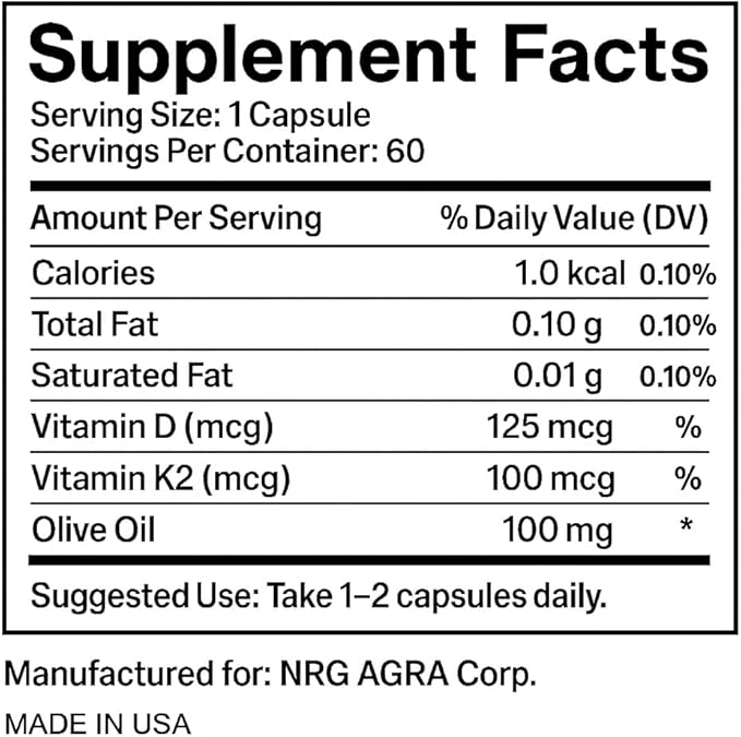 Vitamin K2 with D3 Supplement Non-GMO Formula 125 mcg Vitamin D3 &amp 100 mcg K2 (MK-7) Easy to Swallow D &amp K Complex 60 Capsules