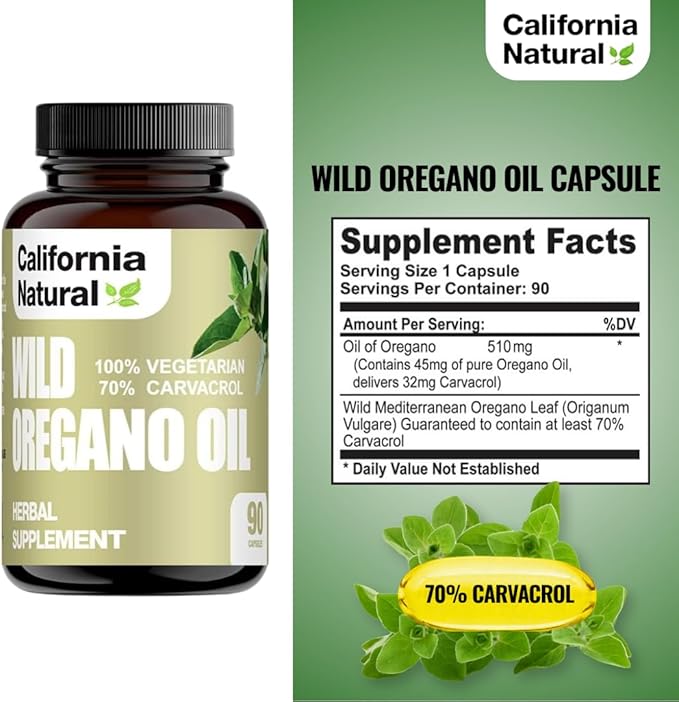 Wild Oregano Oil Vegetarian Soft Capsules - California Natural - Immune System &amp Digestive Support - Promote Gut Health &amp Healthy Digestion - 100% Vegetarian - 70% Carvacrol - Herbal 90 count