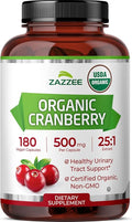 Zazzee USDA Organic Cranberry 25:1 Extract 500 mg per Capsule 180 Vegan Capsules 6 Month Supply Certified Kosher Vaccinium Macrocarpon Urinary Tract &amp Bladder Support Non-GMO Made in the U