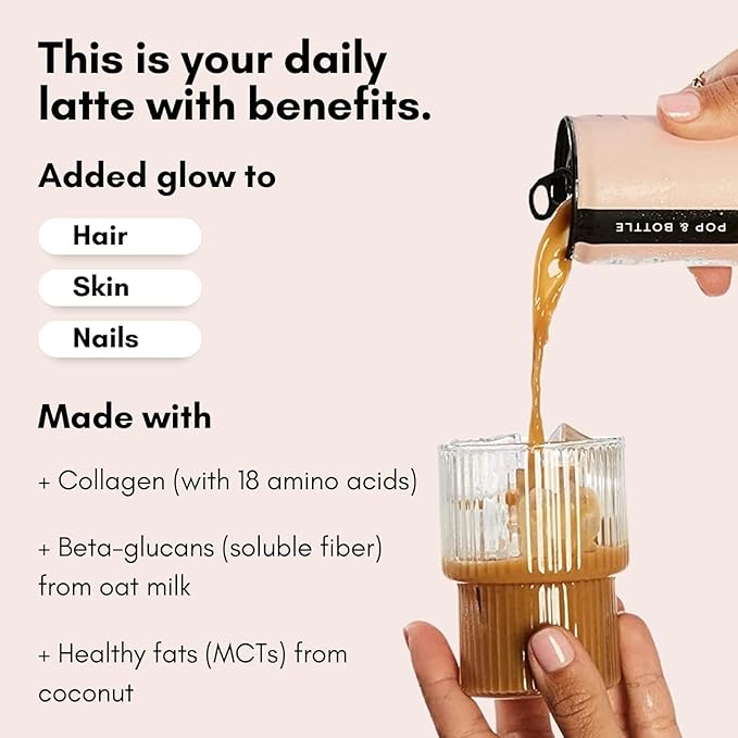 Pop &amp Bottle Vanilla Oat Milk Lattes - Cold Brew Sustainably Sourced Marine Collagen MCT Oil Organic Dairy Free Gluten Free Lightly Sweetened with Dates - 8 Fl Oz (Pack of 10)