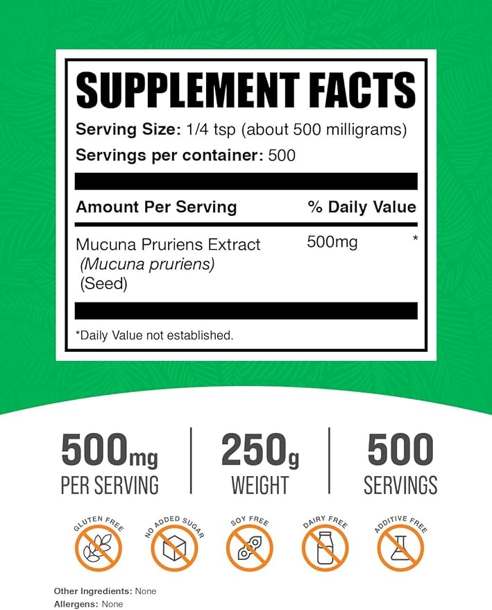 BulkSupplements.com Mucuna Pruriens Extract Powder - Mucuna Pruriens Supplements Herbal Supplement - Vegan &amp Gluten Free 500mg per Serving 250g (8.8 oz) (Pack of 1)