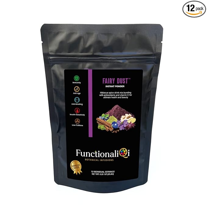 FunctionaliQi Fairy Dust Butterfly Pea Flower Matcha Green Tea Powder with Amla Hibiscus Ginger Monk Fruit Clove Blueberry Violet - Good for Skin Health Natural and Sugar-free (12 Pack)