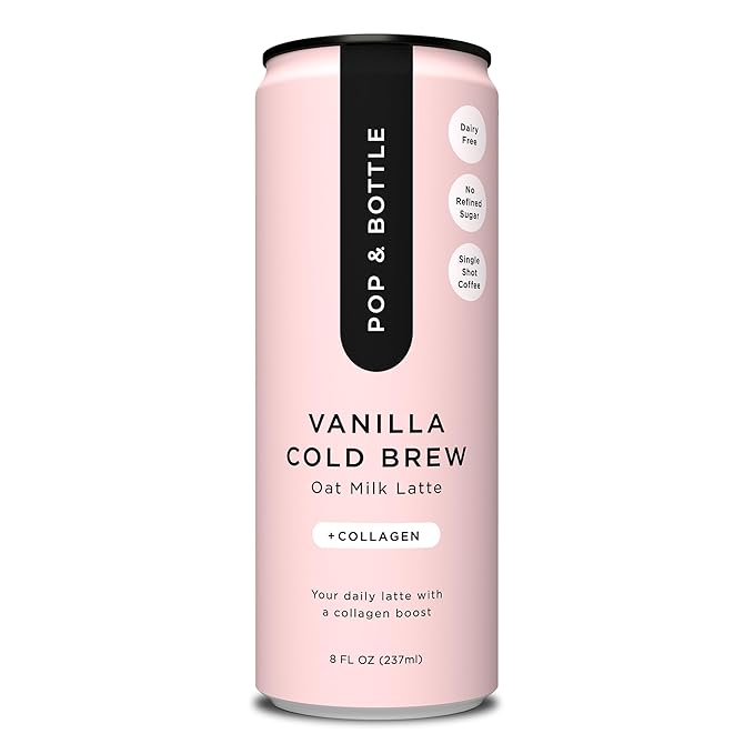 Pop &amp Bottle Vanilla Oat Milk Lattes - Cold Brew Sustainably Sourced Marine Collagen MCT Oil Organic Dairy Free Gluten Free Lightly Sweetened with Dates - 8 Fl Oz (Pack of 10)