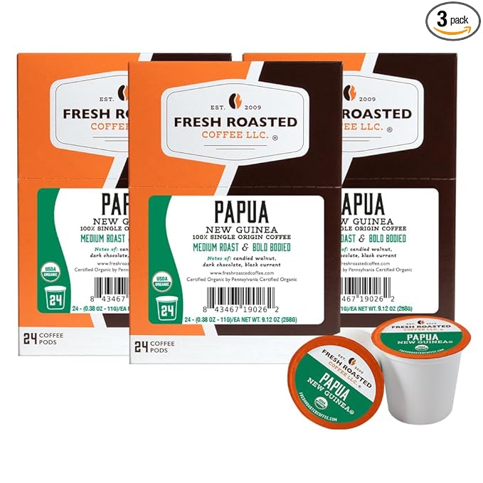 Fresh Roasted Coffee Organic Papua New Guinea | USDA Organic 100% Single Origin Kosher | Medium Roast 72 Pods for K Cup Brewers