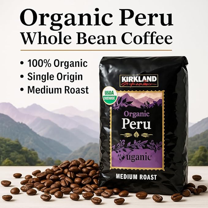 Kirkland Signature Organic Whole Bean Coffee from Peru- 2lb Whole Bean Medium Roast
