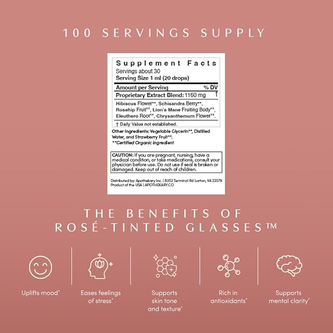 Apothékary Rosé-Tinted Glasses Supports a Balanced Mood and Focus Alcohol-Free Wine-Inspired Herbal Liquid Drops with Schisandra Berry &amp Lion's Mane Mushroom Fast-Acting 1 fl oz 30 Servings