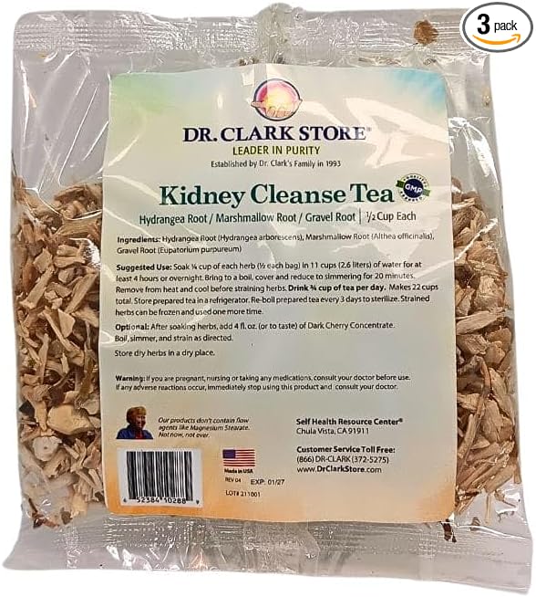 Dr. Clark Dietary Supplement - Kidney Cleanse Tea Bags Supports Kidney Function &amp Expulsion Kidney Stones - Hydrangea Marshmallow Root &amp Gravel Root - 3 Bags per Pack