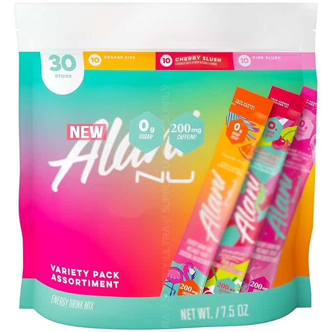 Alani_Nu Energy Drink Mix Variety Pack – 30 Count Instant Powder Sticks Value Pack 200mg Caffeine 0g Sugar 3 Flavors (Orange Kiss Cherry Slush &amp Pink Slush)