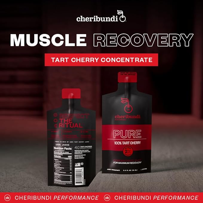 Cheribundi | 100% Tart Cherry Juice Pure Concentrate Grab &amp Go | 2.5 Fluid Ounce Pouch for Maximum Recovery with 40 Tart Cherries | 100 Calories 0 Preservatives Non-GMO | 2.5 floz (Pack of 12)