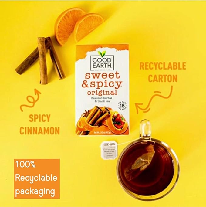 Good Earth Herbal &amp Black Tea Sweet &amp Spicy 18 Count Tea Bags (Pack of 6) (Packaging May Vary)