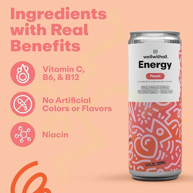 WellWithAll Energy Drink Variety Pack Fruit Punch Tropical Mango Peach Flavors Caffeine from Tea With Vitamin C Lightly Sparkling Beverage Juice Blend 12 oz 12-Pack