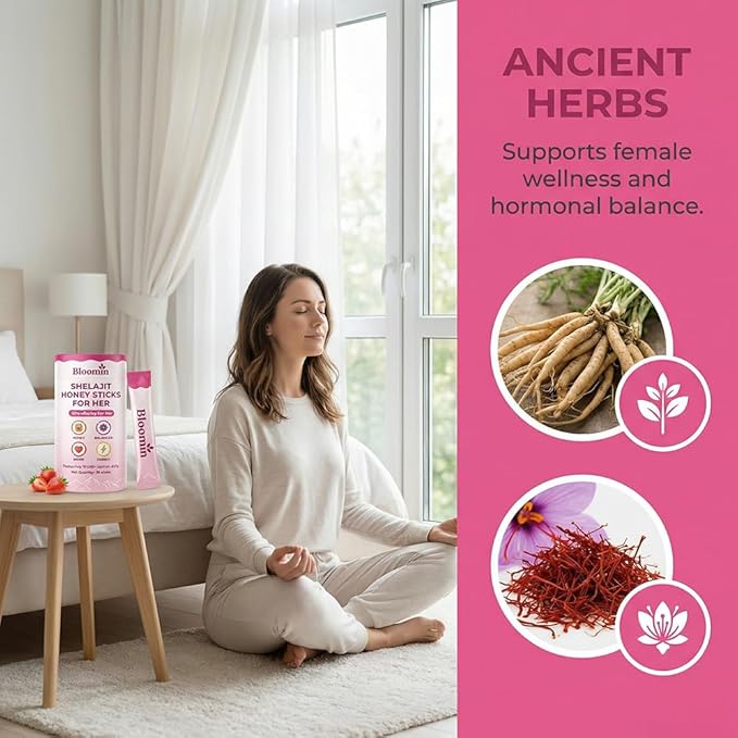 Bloomin Honey Sticks with Shilajit Shatavari &amp Saffron Strawberry Honey Supplement for Women Hormonal Balance Focus &amp Stamina Non-GMO 30 Sticks (Strawberry)
