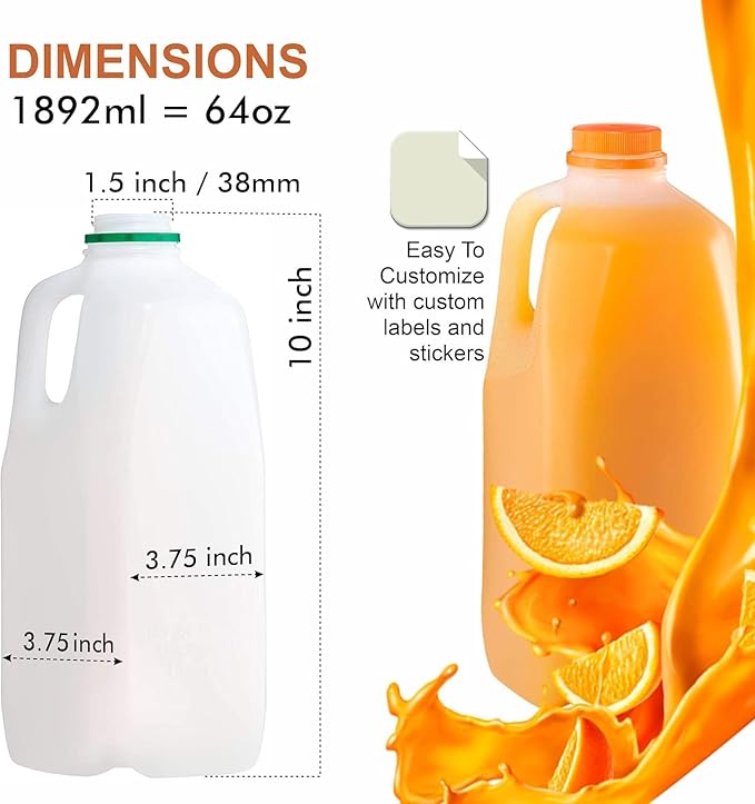 FIJIAN MADE 64 Oz Jugs Juice Bottles (Pack Of 6 x 64 Oz Ea) With Orange Tamper Evident Screw Caps – Great for Homemade Juices Milk Smoothies Tea and Other Beverages - Food Grade BPA Free