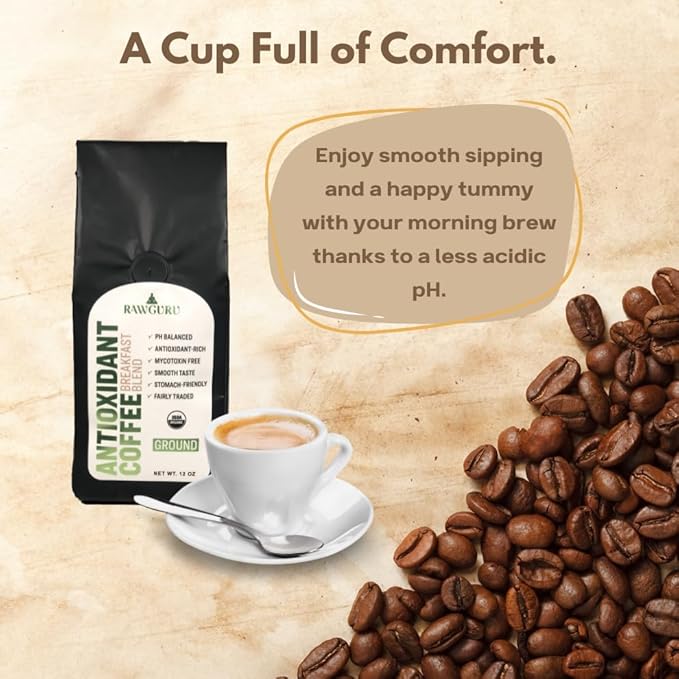 RawGuru Organic Antioxidant Coffee Breakfast Blend Gluten-Free Fairly Traded Shade Grown and Rainforest Alliance Certified Arabica Ground Coffee Pack of 2