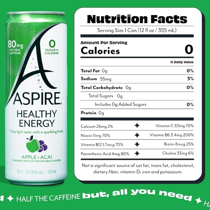 ASPIRE® Apple Acai Healthy Energy Drink 80mg Natural Caffeine Zero Sugar No Carbs Keto Friendly 12 Pack Green Tea Sugar Free Drink Low Caffeine Zero Calorie