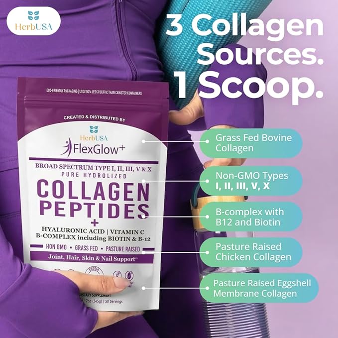 FlexGlow+ Collagen Peptides – Broad Spectrum (I II III V X) – Hyaluronic Acid Biotin &amp Vitamin C - Hair Skin &amp Joint Support – 30 Servings (Unflavored) (13.12 oz)