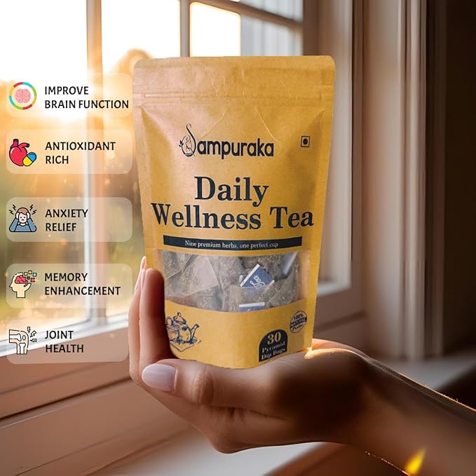 Sampuraka Daily Wellness Tea – Herbal Tea for Immunity &amp Relaxation Support with Turmeric Ashwagandha Ginger | Organic Caffeine-Free (90 Tea Bags)