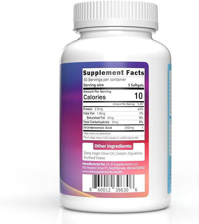 Undecylenic Acid - 250 mg Formerly SF722 Fatty Acid to Support a Healthy Balance of Gut and Vaginal Flora - Dr. B Supplements - 250 SoftGel Capsule - 50 Servings
