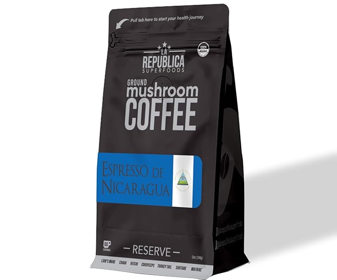 La Republica Espresso De Nicaragua Reserve Ground Coffee for Espresso Maker 60 Servings (Lion's Mane Reishi Chaga Dark Roast)
