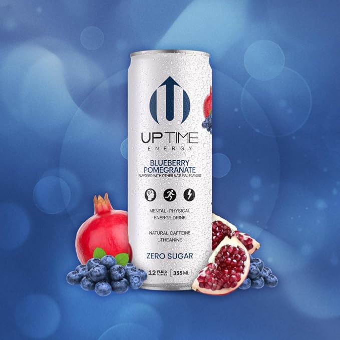 UPTIME Energy Drink Blueberry Pomegranate 12 Pack Vitamin C L Theanine Calcium Sugar Free Energy Drinks for Focus Support 142mg of Natural Caffeine 0 Calories Clean Natural 12 fl oz Cans