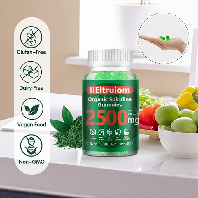 Organic Blue Spirulina Chlorella Gummies 13-in-1 Super Greens &amp Superfoods Spirulina 2500mg Enhanced Daily Energy with Sea Moss Chlorophyll GLA Gluten Free 60 Vegan Gummies