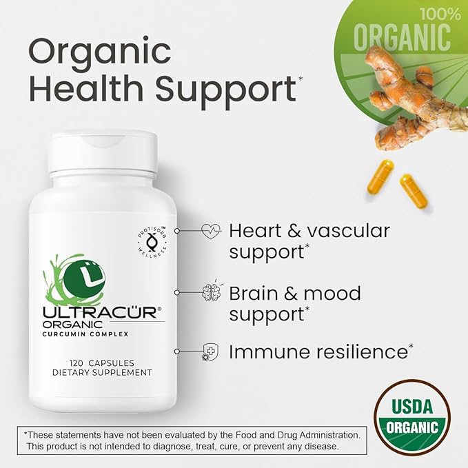 UltraCur Organic USDA Certified Turmeric Capsules - The Curcumin You Can Feel!™ - Turmeric Curcumin Supplement for Optimal Health and Joint Support (120 Count) - Organic Turmeric Supplement Capsules