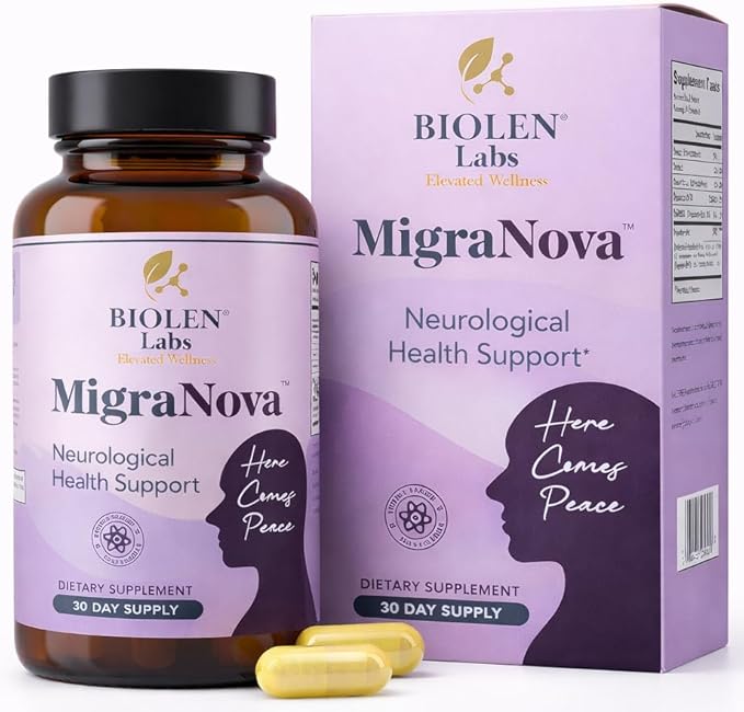 Migraine Support Supplement for Daily Prevention and Migraine Relief Support | Magnesium Riboflavin B2 &amp B6 CoQ10 and Feverfew | NeuroCalm Blend | Made in USA | MigraNova