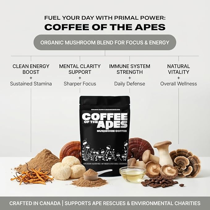 Coffee Of The Apes - Organic Instant Mushroom Coffee - High Potency Functional Adaptogen Drink with Lion's Mane Cordyceps Reishi Turkey Tail King Trumpet Shiitake Real Arabica Beans and MCT OIL