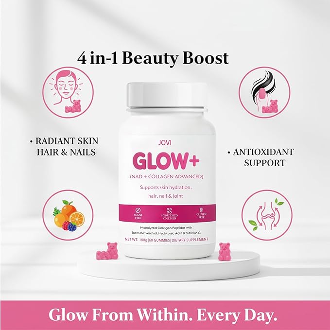 Jovi Nutrition Glow+ NAD+ &amp Collagen GummiesMulti-Type Hydrolyzed Collagen Peptides with Resveratrol Hyaluronic Acid Vitamin C &amp E Skin Hair &amp Nail Nutritional Support