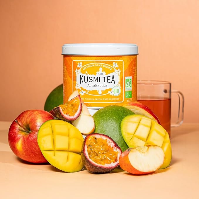 Kusmi Tea - AquaExotica - Organic Blend of Hibiscus Mango Dragon Fruit &amp Apple - Caffeine Free Herbal Tea - Enjoy Hot or Iced - Loose Leaf Tea - Tin Box of 3.5 oz - Quantity for about 50 cups
